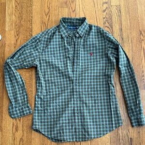 Ralph Lauren Men's Green and Brown Plaid Button Up Shirt Size M